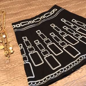 Black & White Geometric Chainlink Pattern Embroidered A-Line Flared Lined Skirt